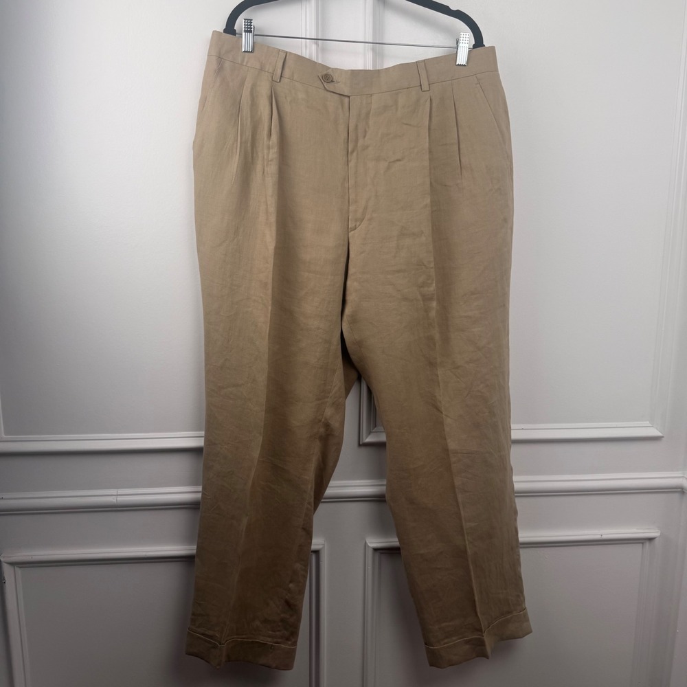 Allen Solly Platinum Mens 38x30 Tan 100% Linen Pleated Cuffed Pants
